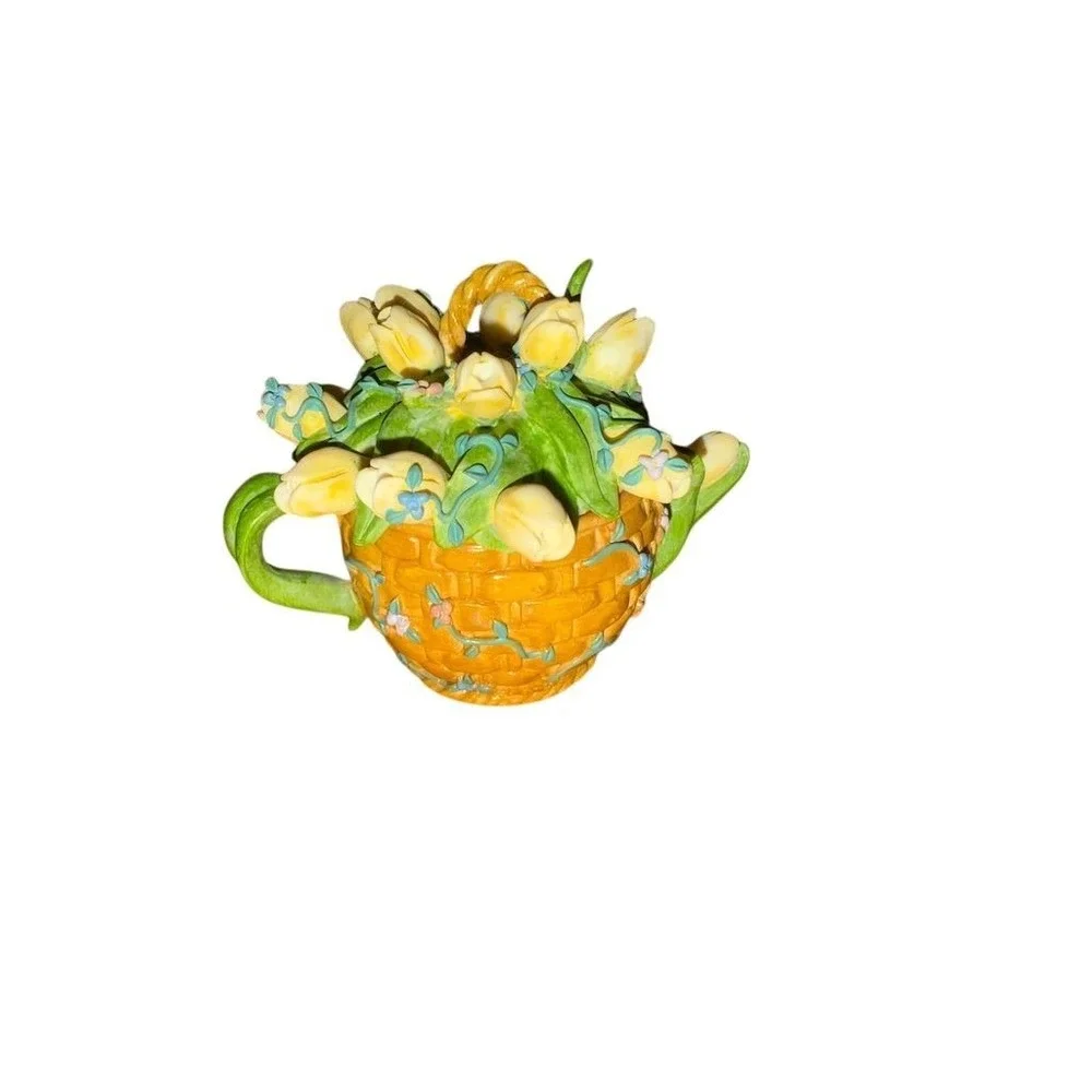 Vintage Precious Moments 1990's Mini Teapot Pastel Yellow Tulip Design true love